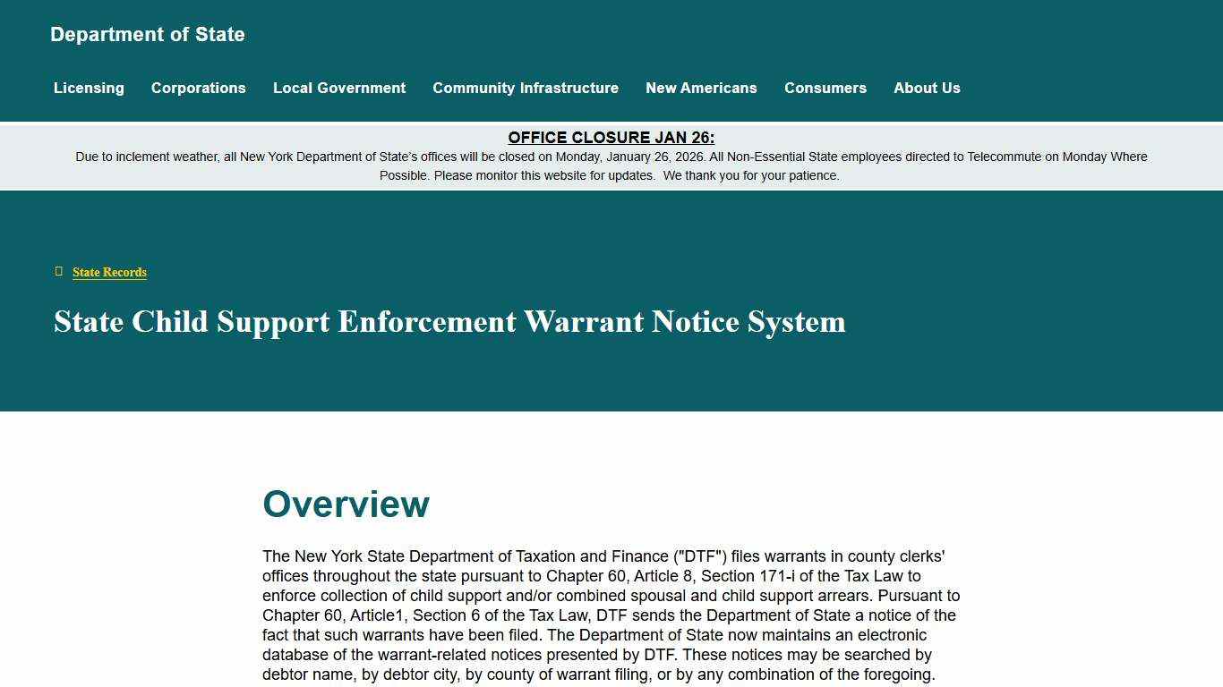 State Child Support Enforcement Warrant Notice System Department of State