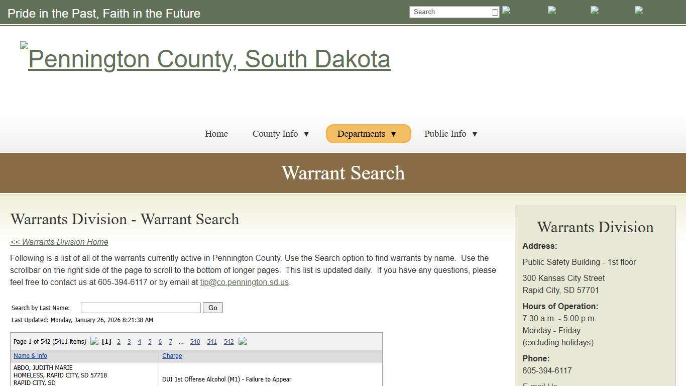 Warrant Search - Pennington County, South Dakota