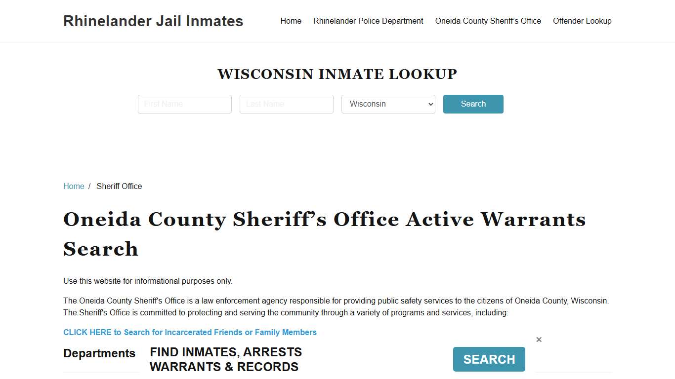 Oneida County Sheriff Office, WI Warrant Lookup